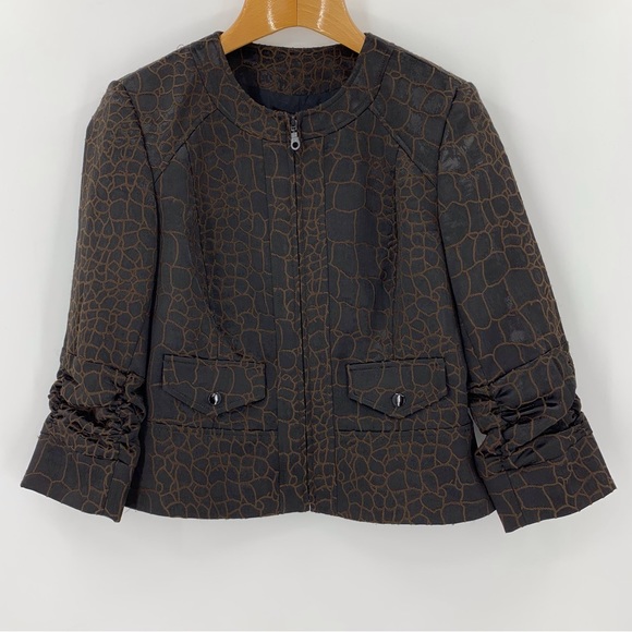 anthracite Brown Scale Print Zipper Closure 3/4 Ruched Sleeve Blazer, 10 - Picture 12 of 16